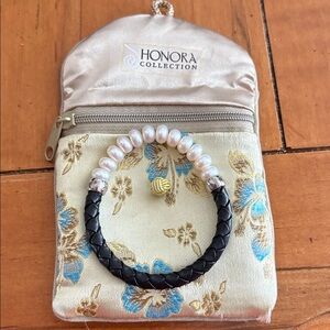 Honora Sterling 8.5mm Pearl Genuine Black Leather Braided Bracelet Stretch